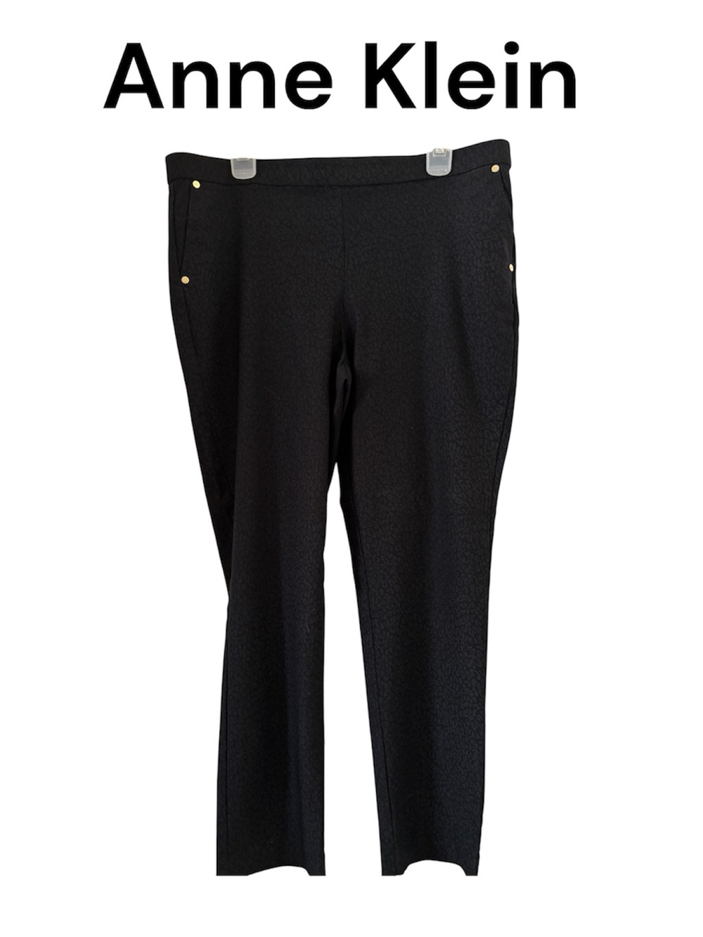 Anne Klein Black Textured Straight-Leg Ponte Pants with Gold Accents sz 14
